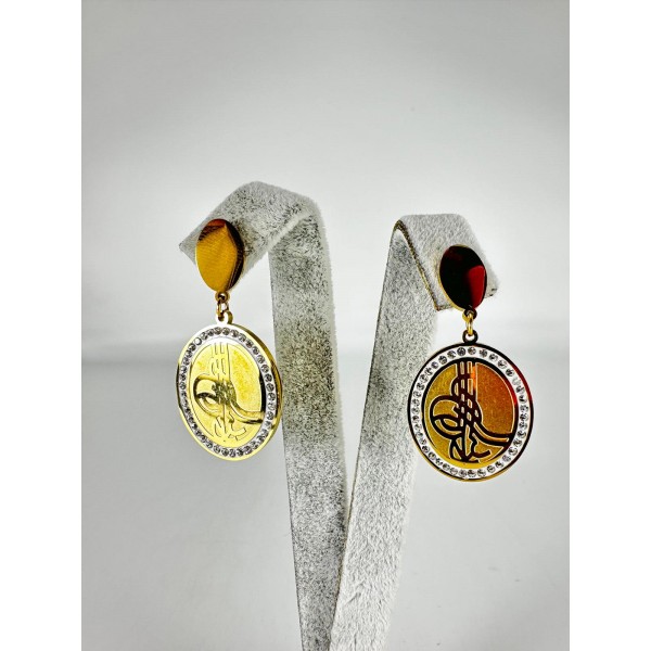 Gold Taşlı Tuğralı Küpe